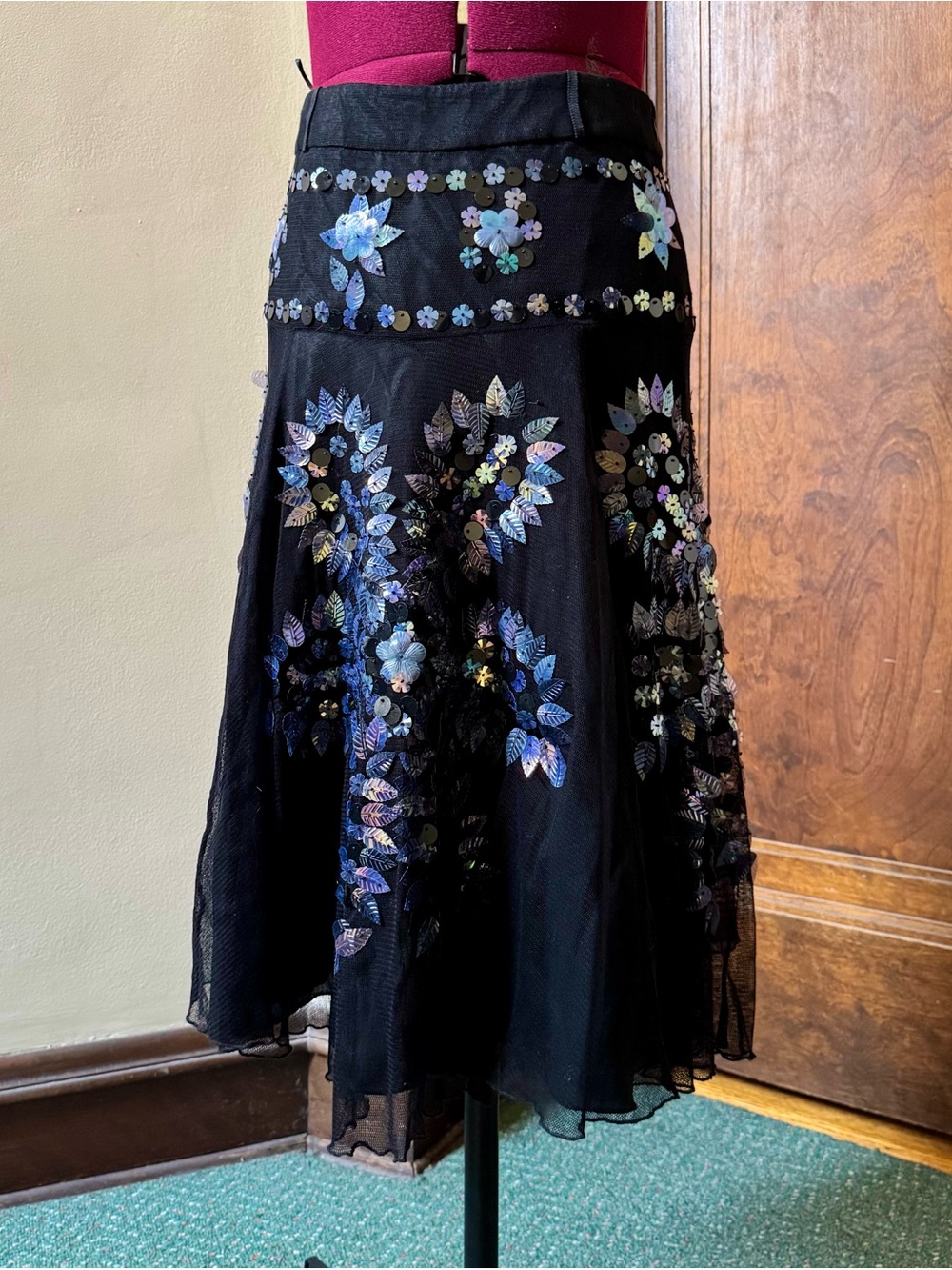 Moschino Sequined Floral Layer Black Silk Skirt